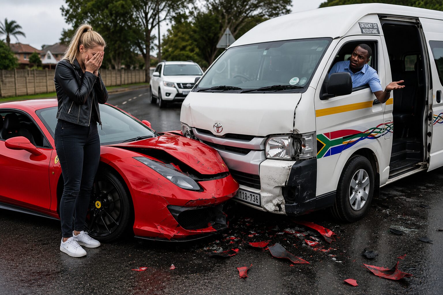 Red sports car involved in a fender bender with a minibus taxi