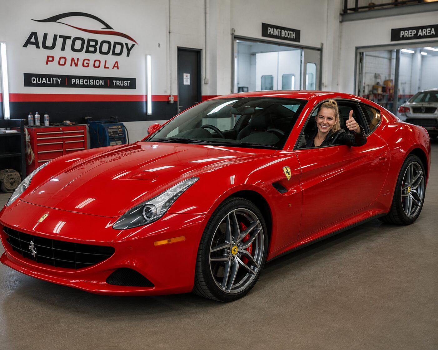 Happy customer giving a thumbs up from her fully repaired red sports car