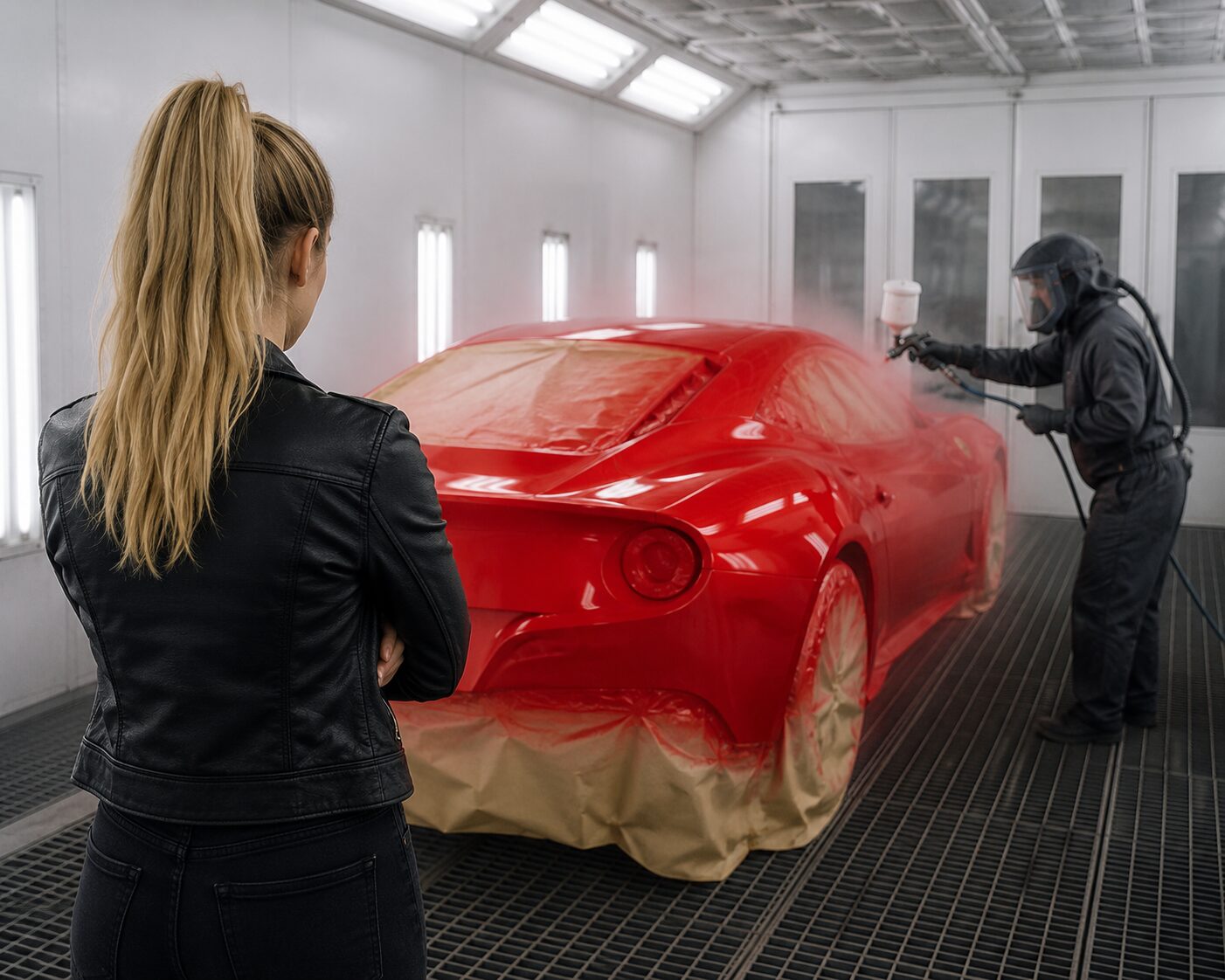 Red sports car receiving professional spray painting in a panel shop booth